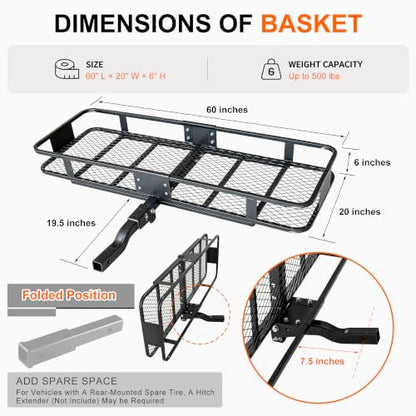 Hitch Mount Folding Trailer Cargo Carrier Basket 60" x 20" x 6" - size: 16 Cubic feet