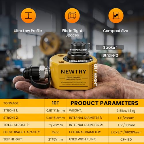 NEWTRY 10T Low Profile Hydraulic Ram Jack, 1" Stroke Multi-Section - size: 10T
