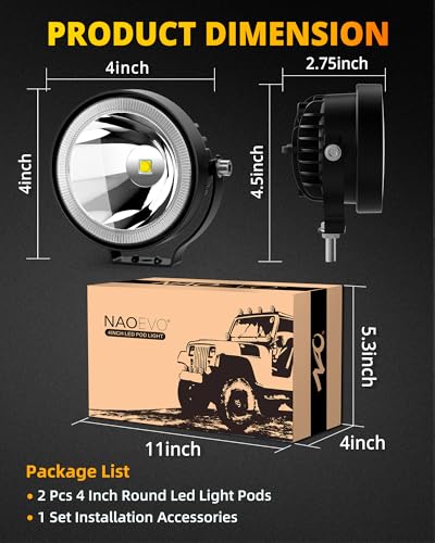 NAOEVO 4 Inch Round LED Pod Lights, 60W 6,000LM LED Fog Lights, White