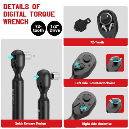 SUERCUP 1/2" Digital Torque Wrench, 2.2-147.5Ft.Lb/3-200N.m, ±1% Accuracy - size: 1/2" 2.2-147.5Ft.Lb/3-200N.m