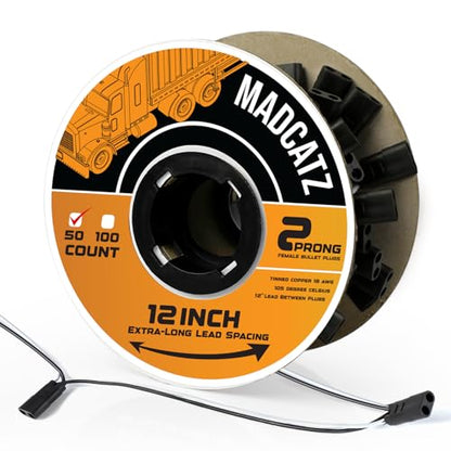 MADCATZ 50 Pack 2-Prong Double Female Bullet Plug 12” Spacing Harness Roll – 18 AWG with More Spacing 12-Inch Leads Between Plugs, Fits Truck Trailer Clearance Lights - color: 50 - 2Prong (12" spacing), size: 2Prong - XL
