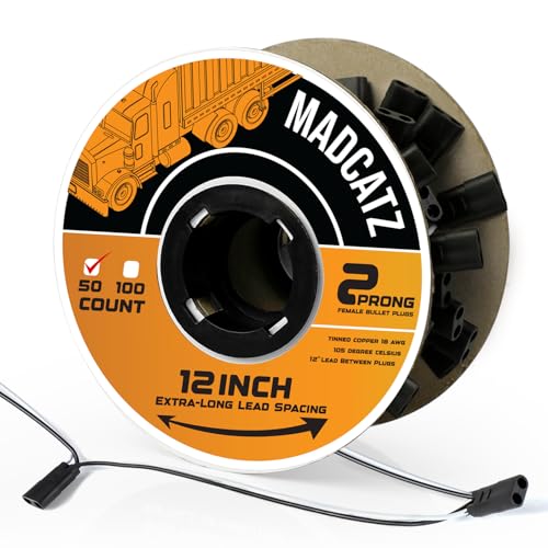 MADCATZ 50 Pack 2-Prong Double Female Bullet Plug 12” Spacing Harness Roll – 18 AWG with More Spacing 12-Inch Leads Between Plugs, Fits Truck Trailer Clearance Lights - color: 50 - 2Prong (12" spacing), size: 2Prong - XL