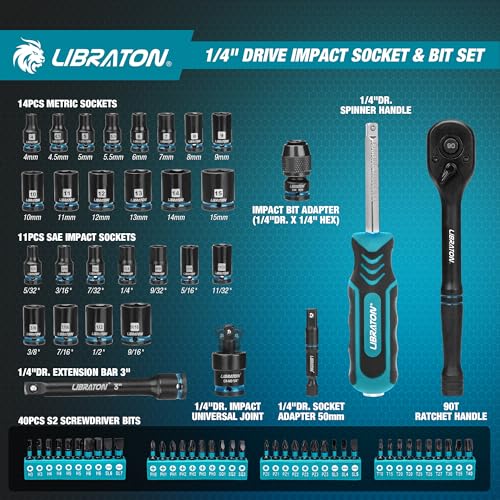 LIBRATON 71PCS 1/4 Impact Socket Set, SAE &Metric, Complete Socket &Bit Set - size: 1/4"
