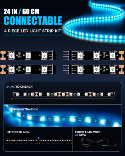 Keiurot 12V Led Light Strip for Cars 24Inch Connectable & Waterproof, 4Pack - color: Ice Blue Led Strip 24" Connectable