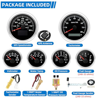 MH 6 AUTO Boat Gauge Set - 3-3/8" 80MPH & 120KM GPS Speedometer, Tachometer, 2-1/16" Oil Pressure Gauge, Fuel Level, Water Temperature, Voltmeter Alarm Marine Meter Kit with Sensor (Black and Silver) - color: Black and Silver