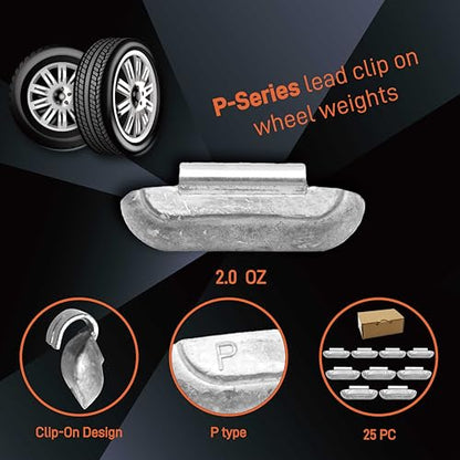 P Type 2oz Wheel Weights Lead Clip on 25Pcs/Box Fits Steel Rim - size: P-2.00 Oz