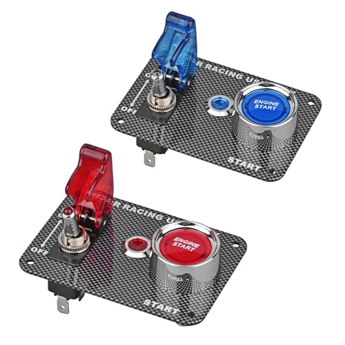 DC12V Racing Car Ignition Switch Panel Carbon Fiber Rocking Switch+Engine Start Push Button with Red Indicator Light (Red) - color: Red