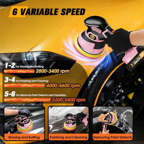 Cordless Car Buffer Polisher kit, DA Polisher with 2*21V Batteries - color: Pink