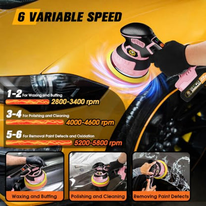 Cordless Car Buffer Polisher kit, DA Polisher with 2*21V Batteries - color: Pink