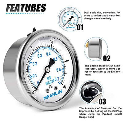 MEANLIN MEASURE 0~10Psi Stainless Steel 1/4" NPT 2.5" FACE DIAL Liquid Filled Pressure Gauge WOG Water Oil Air Center Back Mount, with 1/2" NPT and 3/8" NPT Hex Bushing - size: 0-10Psi