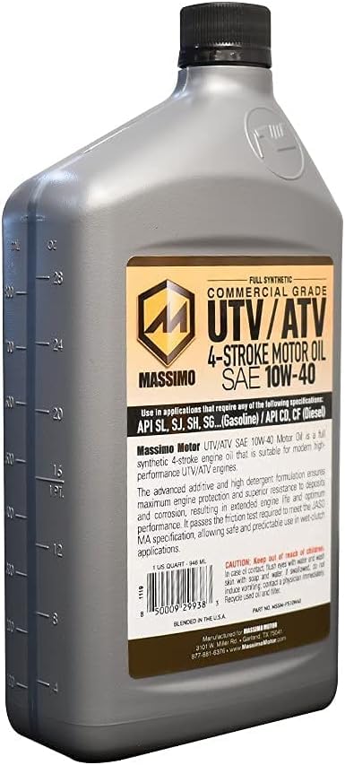 MASSIMO MOTOR Premium High Mileage Full Synthetic Oil 10W-40 1 Qt. for Most UTV and ATV Motorcycle (2packs)