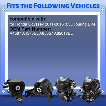 Engine Motor Mount Kit Compatible with 2011-2016 Odyssey 3.5L Touring Elite - size: A4587 A4575EL A65057 A65017EL