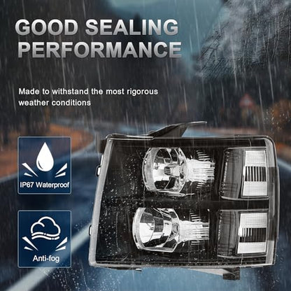 KUIPERAUTO Headlight Assembly Compatible with 2007-2013 Chevy Chevrolet Silverado 1500 2500HD 3500HD Front Lamp with Bulb Black Housing/Clear Lens/Clear Corner - color: Black/Clear/Clear