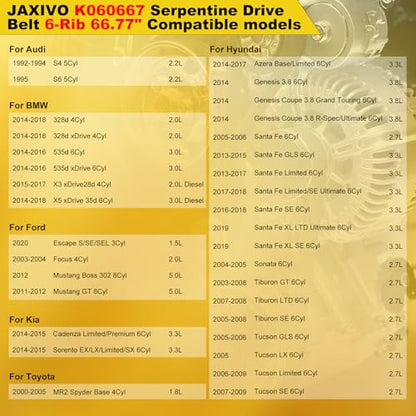 K060667 Serpentine Belt V-Ribbed Drive Belt for 14-18 328d xDrive 2.0L,14-18 X5 xDrive 35d 3.0L,11-12 Mustang GT 5.0L,13-18 Santa Fe 3.3L,03-08 Tiburon 2.7L Replace 6PK1696 - size: 6PK1696-1696mm