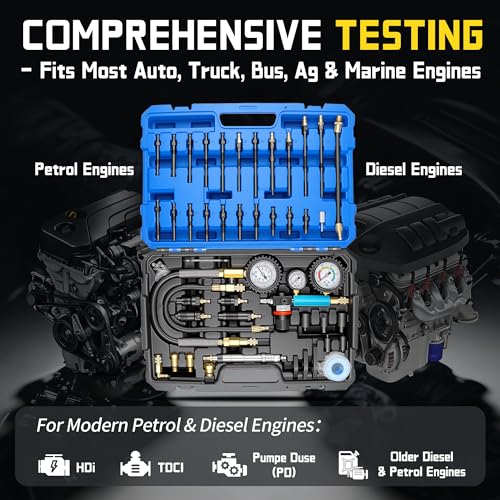 Kuntech 46PCS Compression & Leak Down Tester Kit Dual-Gauge for Petrol/Diesel Engines, Cylinder Leak Detector with Quick-Connect Hose, Compression Tester Kit for HDI, TDCi, Pumpe Duse Engine