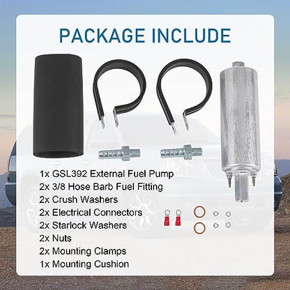 High Flow Pressure External Inline 255LPH Fuel Pump With Installation Kit Replacement For GSL392 400-939 Universal