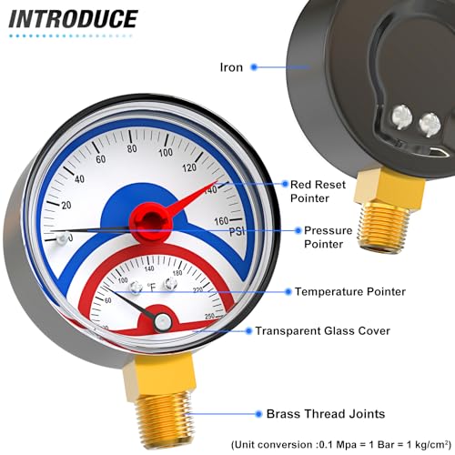 MEANLIN MEASURE 0-160Psi Thermal Pressure Gauge,0-250℉ 1/4" NPT 2.5" FACE DIAL, Boiler Temperature Pressure Gauge with Reset Pointer, with 1/2" NPT and 3/8" NPT Hex Bushing, Lower Mount - size: Lower Mount, style: Dry