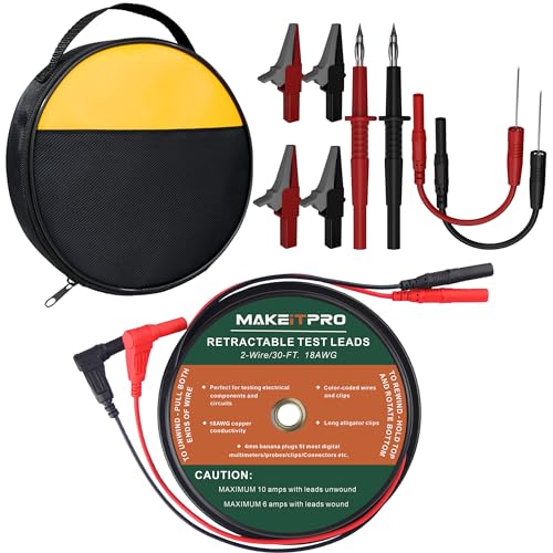 2 Wires 30FT 18AWG Retractable Test Leads with Cable Bag