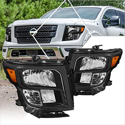 Pair of Headlights Assembly Compatible with 16-24 Nissan Titan (XD),Black Housing/Amber Corner - color: Black / Amber