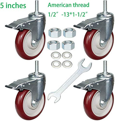 DICASAL 5 Inch Swivel Stem Casters Heavy Duty American Size UNC 1/2"-13x1-1/2 Stem Thread Wheels 360 Degree Durable Wheels Dual Safety Locks Castors with 900 Lbs Capacity Pack of Four - color: Red, size: 5 Inch