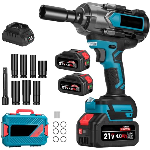 STRCEAT 1032.64ft-lbs (1400N.m) Cordless Impact Wrench, 1/2" Cordless Impact Wrench, 2x4000mAh Battery, LED Light, 7 Sockets, Impact Wrench for Pickup/Truck/Car/Heavy-Duty Jobs (Blue)
