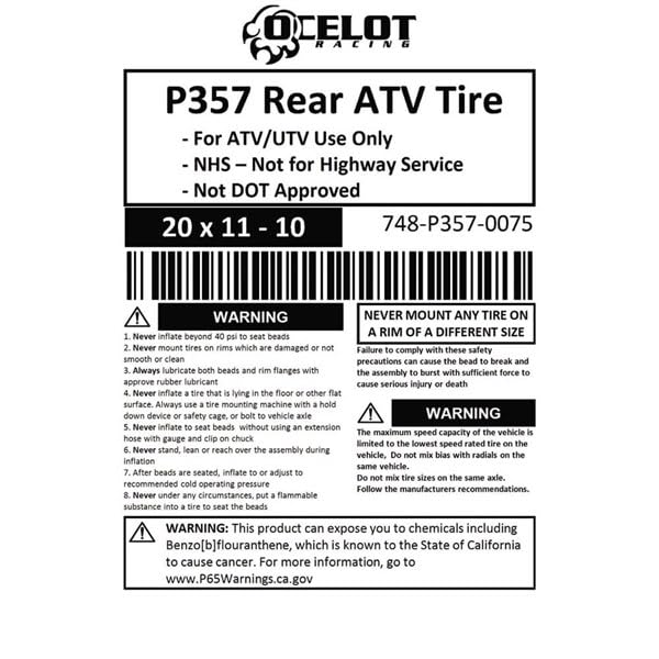 Ocelot P357 20x11x10 ATV Tires 6-Ply Bias Construction Non-Directional Tread Pattern For Durability, Grip, and Traction Off-Roading - All Terrain Rear 20x11-10 ATV Tire