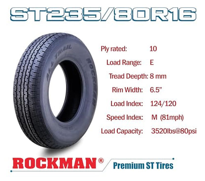 ROCKMAN Trailer Tire Wheel ST235/80R16 10-Ply E 123M 8X6.5 Black Mod Rim,S2 - size: ST235/80R16 10PR /8x6.5