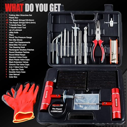 AWELCRAFT 108-Piece Tire Repair Kit – T-Handle Tools with Valve Kit & Case - size: 108 Piece Repair Kit