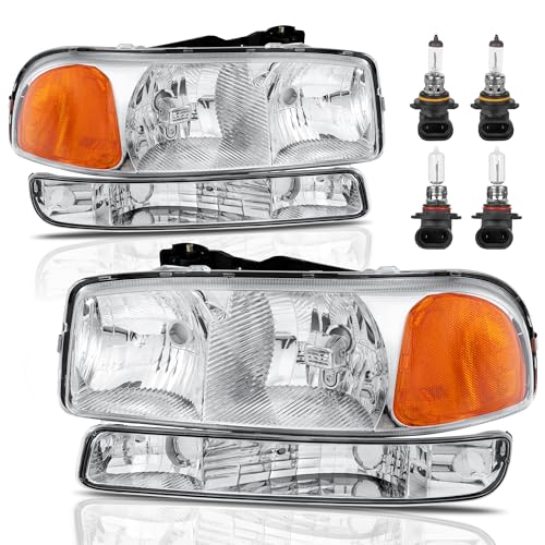KUIPERAUTO Headlight Assembly Front Lamp Compatible with 1999-2006 GMC Sierra 1500 2500, 2000-2006 GMC Yukon Headlamp w/Bulb Chrome Housing/Clear Lens/Amber Corner - color: Chrome/Clear/Amber