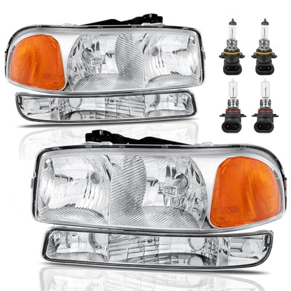 KUIPERAUTO Headlight Assembly Front Lamp Compatible with 1999-2006 GMC Sierra 1500 2500, 2000-2006 GMC Yukon Headlamp w/Bulb Chrome Housing/Clear Lens/Amber Corner - color: Chrome/Clear/Amber