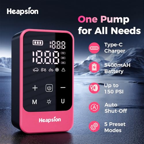 Heapsion Tire Inflator Portable Air Compressor, Air Pump for Car Tires with Digital Pressure Gauge, Auto Shut-Off and LED Light, 150 PSI Cordless Pump for Car, Motorcycle, Bicycle, Ball, Pink - color: Pink