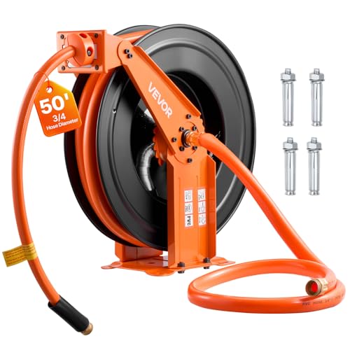 VEVOR Retractable Air Hose Reel, 3/4 Inch x 50 FT PVC Air Hose Max 300PSI, Auto Rewind Air-Compressor Hoses Reel with 5 ft Lead in, Ceiling/Wall Mount Heavy Duty Steel Double Arm - size: 3/4 in x 50 ft