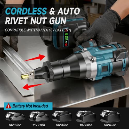 Cordless Rivet Nut Gun Compatible with Makita 18V Battery (Tool Only), Electric Rivet Nut Tool with 1/4", 5/16", 3/8", M6, M8, M10 Nut Head, Battery Powered Rivetnut Tool, Auto Mode & Memory Mode - color: Blue