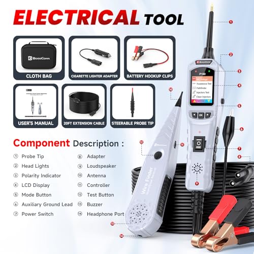 2026 BOSSCOMM P180 Power Circuit Probe Tool, 9-30V Automotive Circuit Tester, AC/DC Voltage/Diode/Resistance/Trailer Light Test, Battery Test, Wire Tracer,40FT Cable