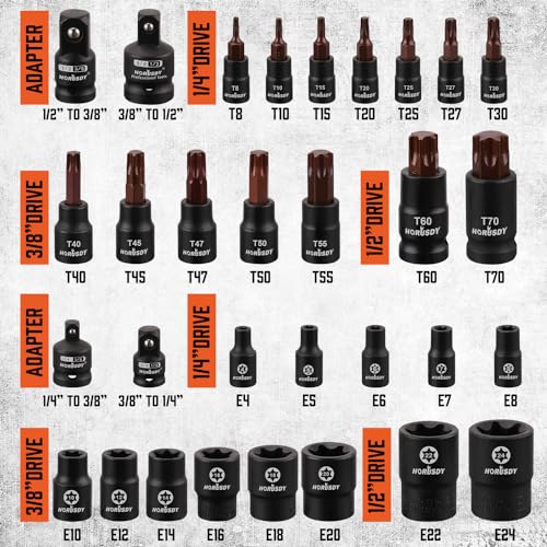 HORUSDY 31Pcs Torx Bit Socket Set,14 Star Bits (T8-T70) and 12 Female E-Torx Sockets (E4-E24), 4 Impact Socket Adapter Set with High Torque Laser Marked for Automotive Mechanic - color: 31 Pcs Orange