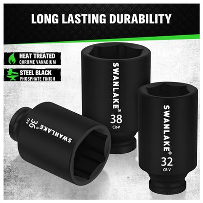 SWANLAKE 9-Piece 1/2" Impact Axle Nut Socket Set, Deep Metric Large Socket Set, 29mm 30mm 31mm 32mm 33mm 34mm 35mm 36mm 38mm, Cr-V Spindle Joint High Torque Wheel Nut Sockets - style: 1/2" Large Metric