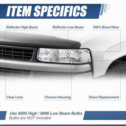 Auto Dynasty Headlights for 1999-2006 Chevy Silverado Suburban Tahoe 1500 - color: Chrome