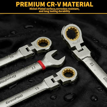 GRENPRO 23PC Flex Head Ratcheting Wrench Set Metric&SAE OpenEnd Combination - style: 23PCS Nickel Flex-Head Ratcheting Wrench Set