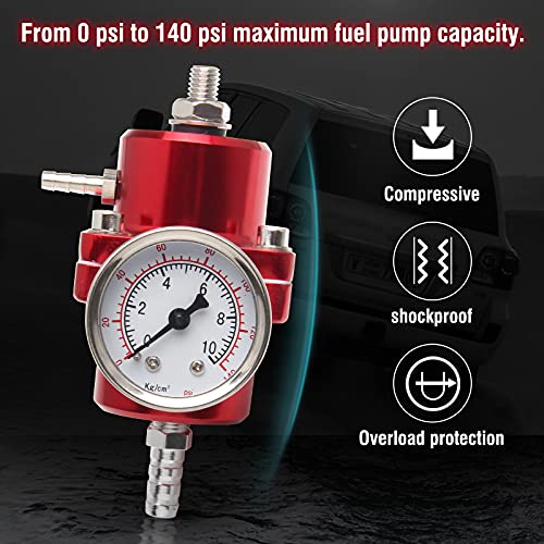 Adjustable Fuel Pressure Regulator With Gauge Hose 0-140 PSI Universal 6AN FPR Kit Aluminum Red - color: red