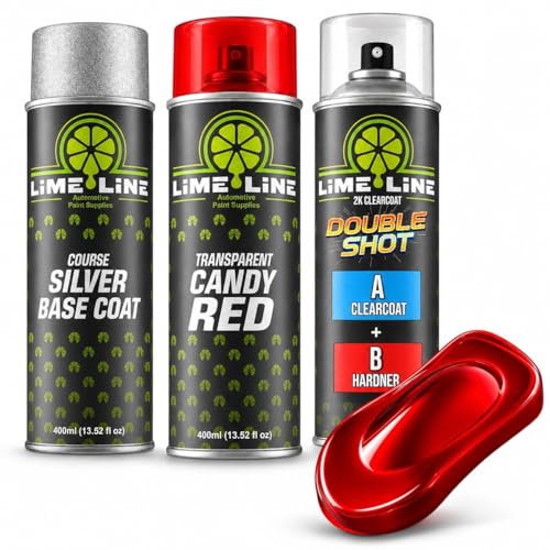 LiME LiNE Complete 3-Step Candy Paint Kit – Automotive Aerosol Paint System with Silver Base, Transparent Candy & 2K Clearcoat, Professional Finish, No Spray Gun Required (Candy Red) - color: Candy Red