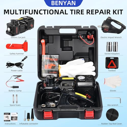 Electric Car Jack kit 5 Ton 12V Electric Floor Jack Lift for Vehicle, Electric Hydraulic Jack Auto Repair Tool Set with Built-in Inflator and Impact Wrench for SUV Sedan Truck Tire Change - color: Black