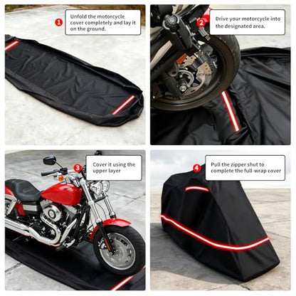 Full Enclosed Motorcycle Cover - Waterproof for Outdoor & Indoor Storage,600D Heavy Duty with Reflective Strips,Fits Scooters & Touring Motorcycles up to Length 96.5" x 45" x 53"Black - size: 96.5"Lx 45"Wx 53"H