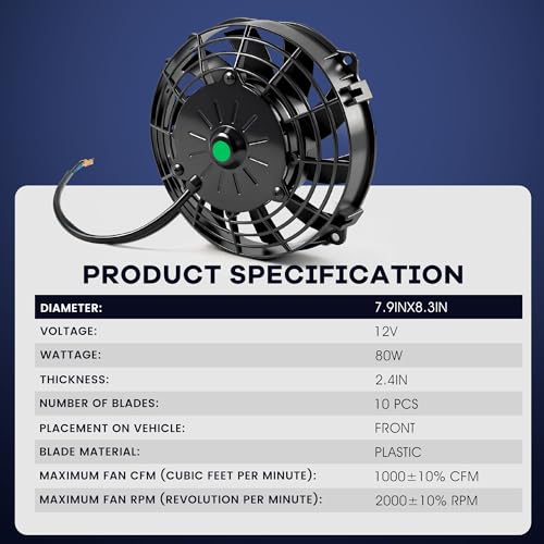 7 inch Slim Fan Electric Radiator Cooling Fan 12V 80W with Thermostat Wiring Switch Relay Kit Black - size: 7 Inch
