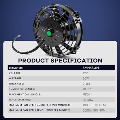 7 inch Slim Fan Electric Radiator Cooling Fan 12V 80W with Thermostat Wiring Switch Relay Kit Black - size: 7 Inch