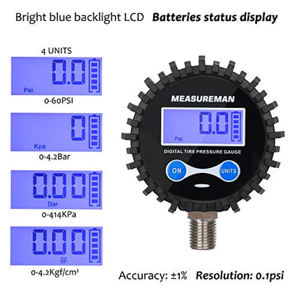 MEASUREMAN 2-1/2" Dial Size Digital Air Pressure Gauge with 1/4'' NPT Bottom Connector and Protective Boot, 0-60psi, Accuracy 1%, Battery Powered, with LED Light (Pack of 2) - size: Long thread (Pack of 2), style: 0-60psi