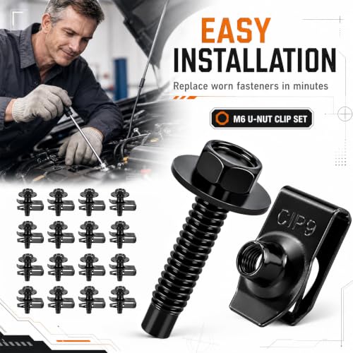 100PCS Automotive Body Bolt & U Nut Kit, M6-1.0 Hex Head Screws with Extruded U-Nuts Clips, Fender Liner, Splash Shield, Engine Under Cover, Bumper & Hood Fastener Assortment (50 Sets) - color: Black M6 x 1.0
