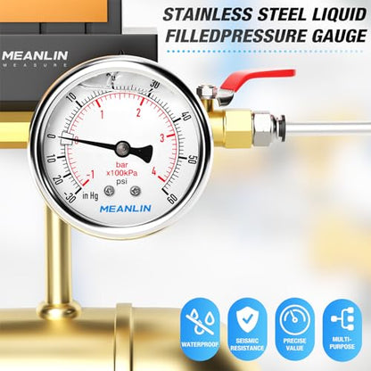 MEANLIN MEASURE -30inHG~60Psi Stainless Steel 1/4" NPT 2.5" FACE DIAL Vacuum Pressure Gauge, Center Back Mount, 1/2" NPT and 3/8" NPT Hex Bushing - size: -30inHG-60Psi