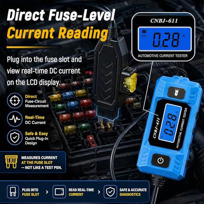 Automotive Circuit Fault Probe Tester, 20A 48V Parasitic Battery Drain Tester for Car Fuse Circuits, Inline Current Monitor with Digital Display, LED Work Light, Mini & Standard Blade Fuse Compatible