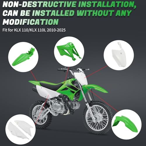 CHANGCHENG Dirt Bike Plastic Fender Kits for KLX 110/KLX 110L 2010-2026 - color: Green, size: Complete Fender Kit