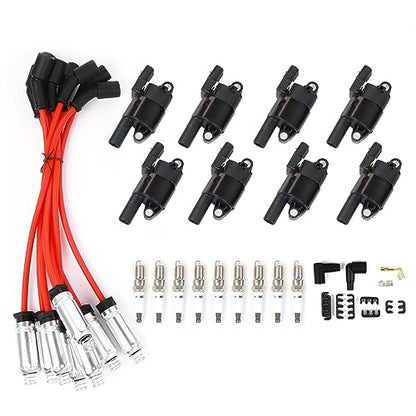 8PCS UF414 Round Ignition Coils Pack & Iridium Spark Plugs & Spark Plug Wires Set Compatible with Chevrolet Corvette Avalanche Silverado 1500 2500 3500 GMC Savana 1500 2500 Cadillac Escalade - size: UF414 Ignition Coil & Spark Plug & Wires
